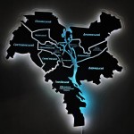 Мапа міста Київ з дерева на акрилі з підсвічуванням Дніпра та меж районів, колір Венге