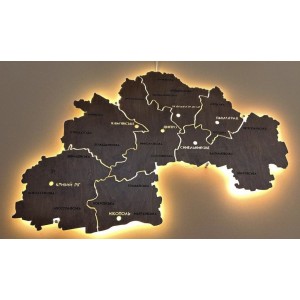 Карта Дніпропетровської області з дерева на акрилі з підсвічуванням між районами, колір Палісандр