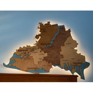 Дерев’яна багатошарова карта Херсонської області з підсвіткою, колір Тотал Браун