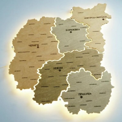 Дерев'яна мапа Чернігівської області з підсвічуванням, колір світле дерево