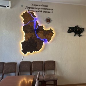 Багатошарова дерев'яна мапа Київської області з підсвіткою річок, колір Брауні