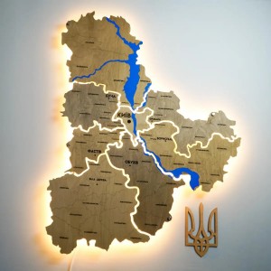 Дерев'яна мапа Київської області з підсвіткою та річками, колір Браун