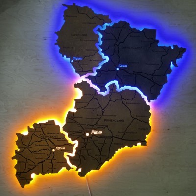 Мапа Рівненської області на акрилі з підсвіткою між районами, колір Вулкан