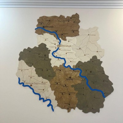 Дерев'яна багатошарова мапа Вінницької області з районами та річками, колір Хакі