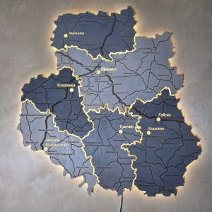 Дерев'яна мапа Вінницької області на акрилі з підсвічуванням між районами, колір Графіт