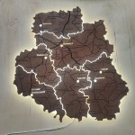 Дерев'яна карта Вінницької області на акрилі з підсвіткою між районами, колір Браун