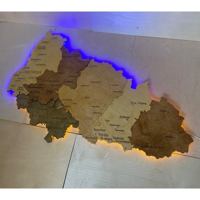 Дерев’яна мапа Закарпатської області з підсвіткою, колір Тотал Браун