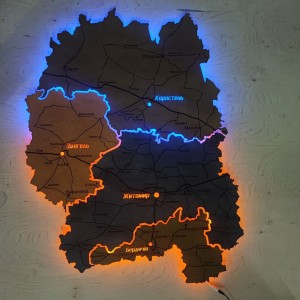 Мапа Житомирської області з дерева на акрилі з підсвічуванням, колір Вулкан