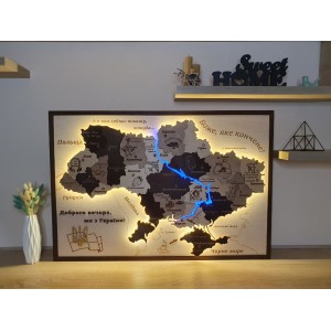3D мапа України з дерева та LED підсвічуванням, на військову тематику