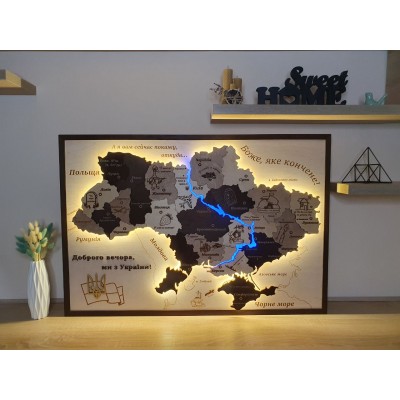 3D мапа України з дерева та LED підсвічуванням, на військову тематику
