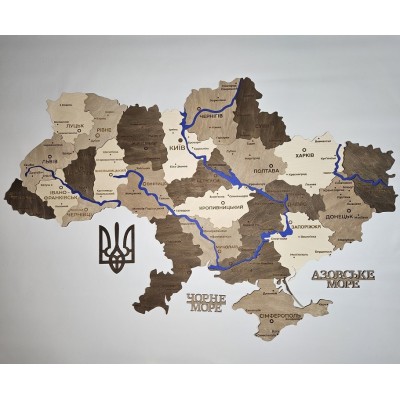 Багатошарова карта України з дерева та річками, колір Брауні