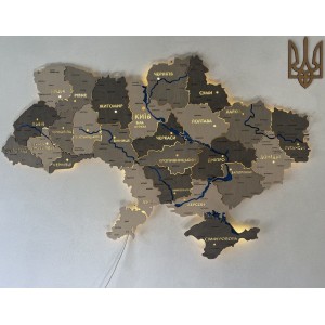 Дерев'яна карта України на акрилі з підсвіткою та річками, колір Хай-Тек