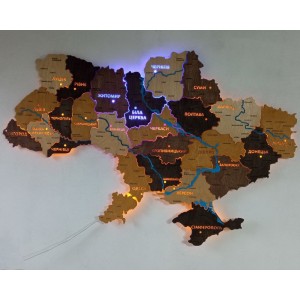 Карта України з дерева на акрилі з підсвіткою областей та річками, колір Брауні