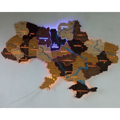 Карта України з дерева на акрилі з підсвіткою областей та річками, колір Брауні