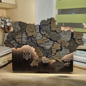 Дерев'яна карта України з підсвіткою та річками, колір Світлий Горіх