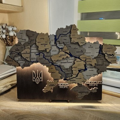 Дерев'яна карта України з підсвіткою та річками, колір Світлий Горіх