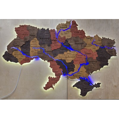 Деталізована дерев'яна мапа України з підсвічуванням річок, колір Брауні