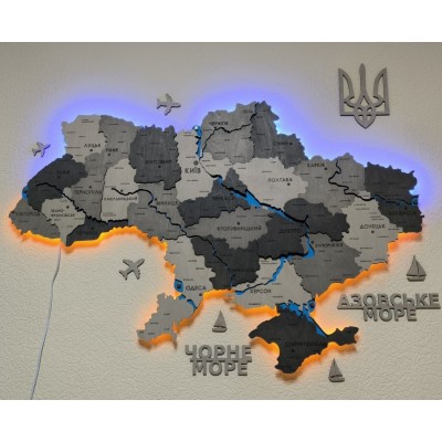 Деталізована дерев'яна мапа України з річками та підсвіткою, колір Модерн