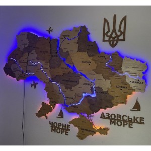 Деталізована дерев'яна мапа України з підсвіткою річок, колір Брауні