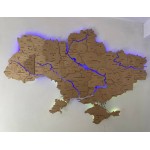 Деталізована мапа України з дерева та підсвіткою річок, колір Натуральний