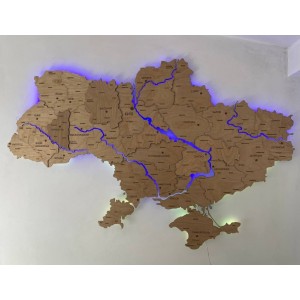 Деталізована мапа України з дерева та підсвіткою річок, колір Натуральний