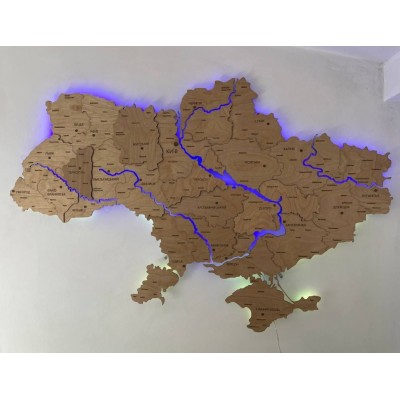 Деталізована мапа України з дерева та підсвіткою річок, колір Натуральний