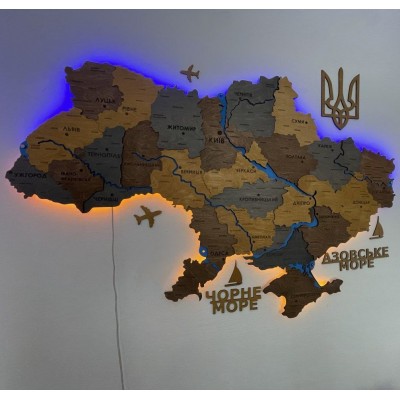 Деталізована дерев'яна карта України з річками та підсвіткою, колір Кантрі