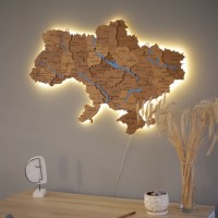 Дерев'яна мапа України з підсвіткою та річками, колір Горіх