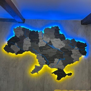 Дерев'яна карта України з річками та підсвіткою, колір Хай-тек