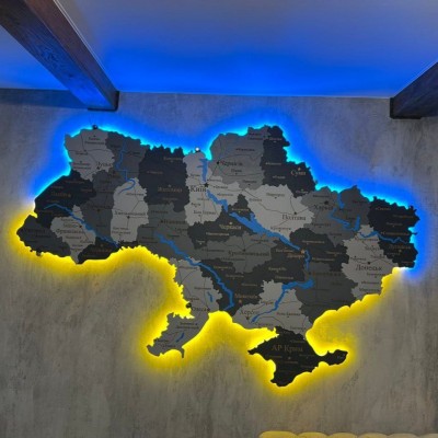 Дерев'яна карта України з річками та підсвіткою, колір Хай-тек