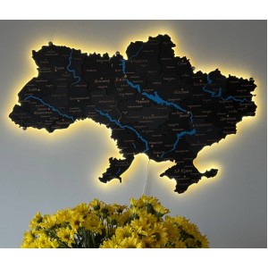 Дерев'яна карта України з підсвіткою та річками, колір Чорний