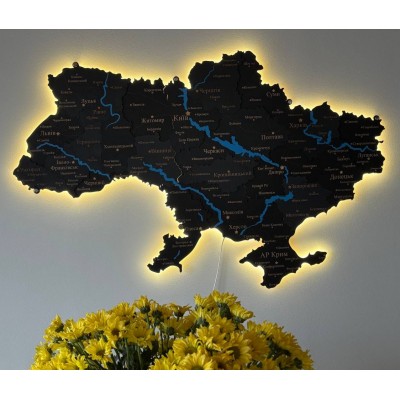 Дерев'яна карта України з підсвіткою та річками, колір Чорний
