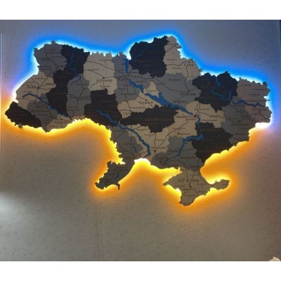 Дерев'яна карта України з підсвічуванням та річками, колір Лофт